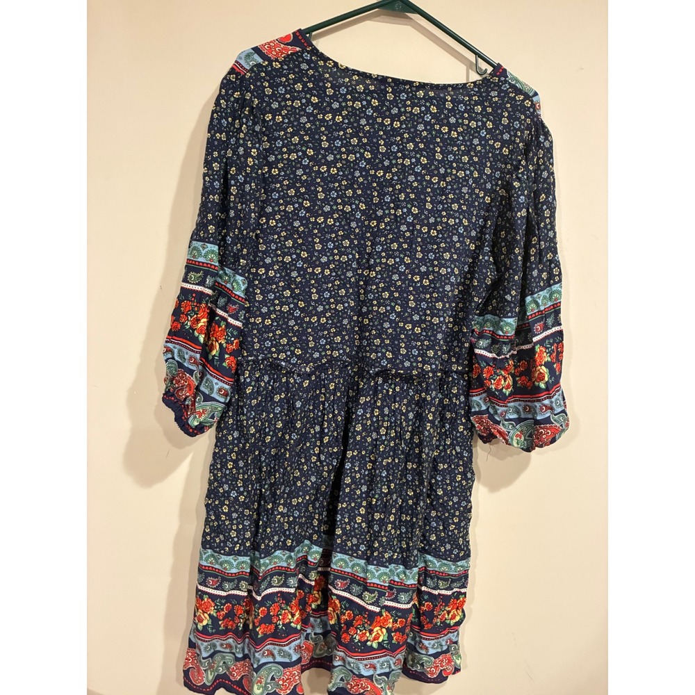 BTFBM Navy Blue Floral Paisley Boho V-Neck Babydoll Mini Dress Medium 7089 - Picture 7 of 7